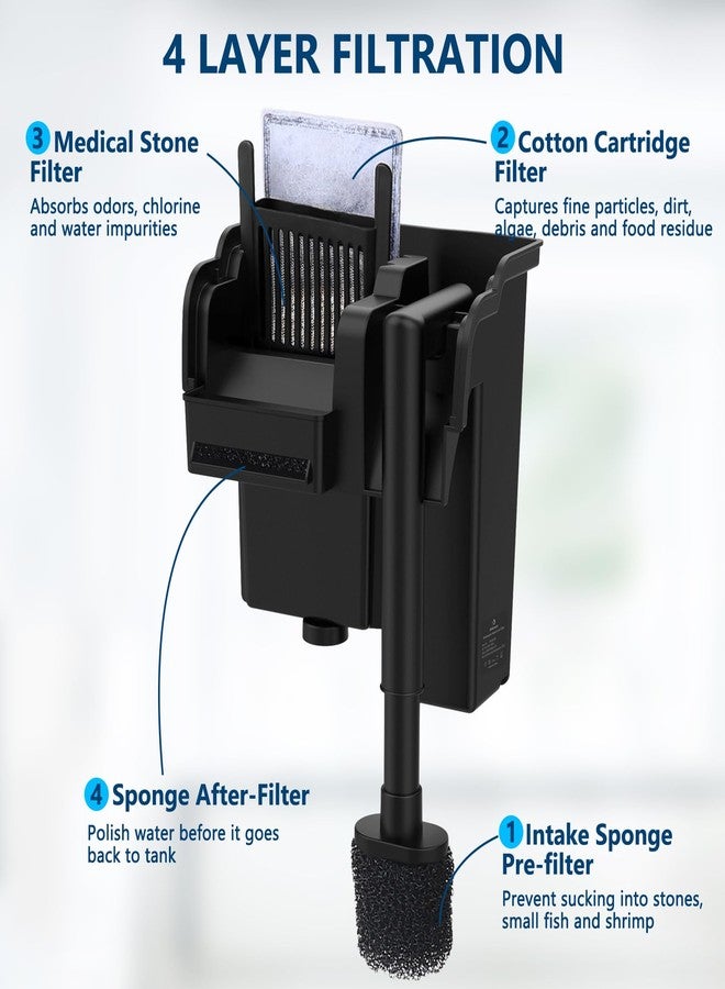 fishkeeper 5W 120GPH Ultra-Quiet Hang On Back Aquarium Filter, <28dB Whisper 4-Stage Biochemical Fish Tank Filter with Waterfall Oxygenation for 5-20Gal Fresh/Saltwater Tanks, w/Two Free Cartridges - Image 3